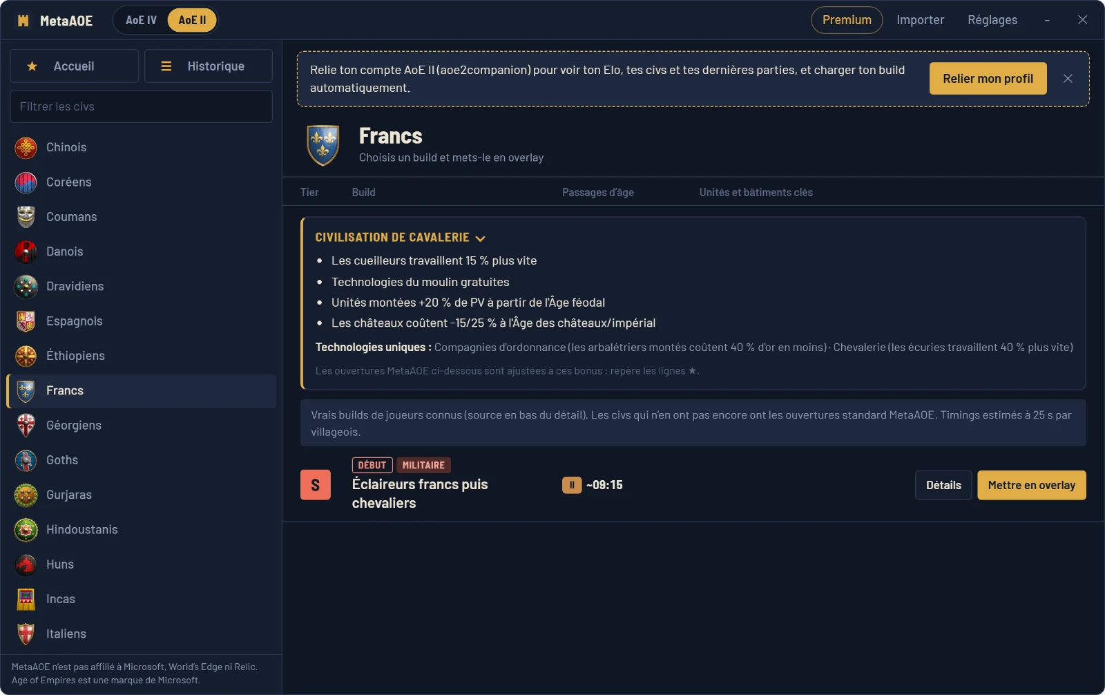 Mode AoE II : bonus des Francs et ouvertures classées, avec leurs passages d'âge