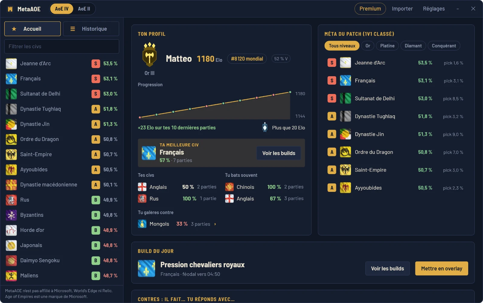 Accueil de MetaAOE : profil du joueur, méta du patch, build du jour et fiche des contres
