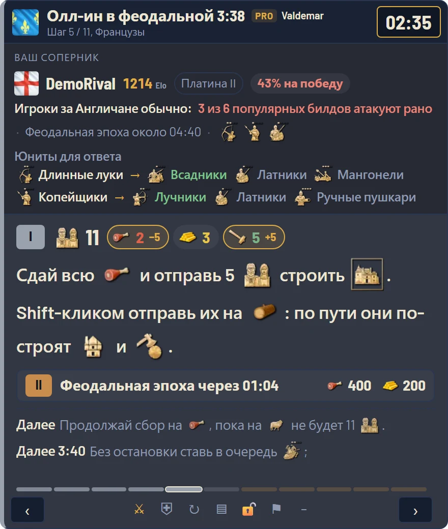 Карточка соперника в оверлее: 1214 Elo, Платина II, недавняя форма, сыгранные цивилизации, матчап и счёт против вас